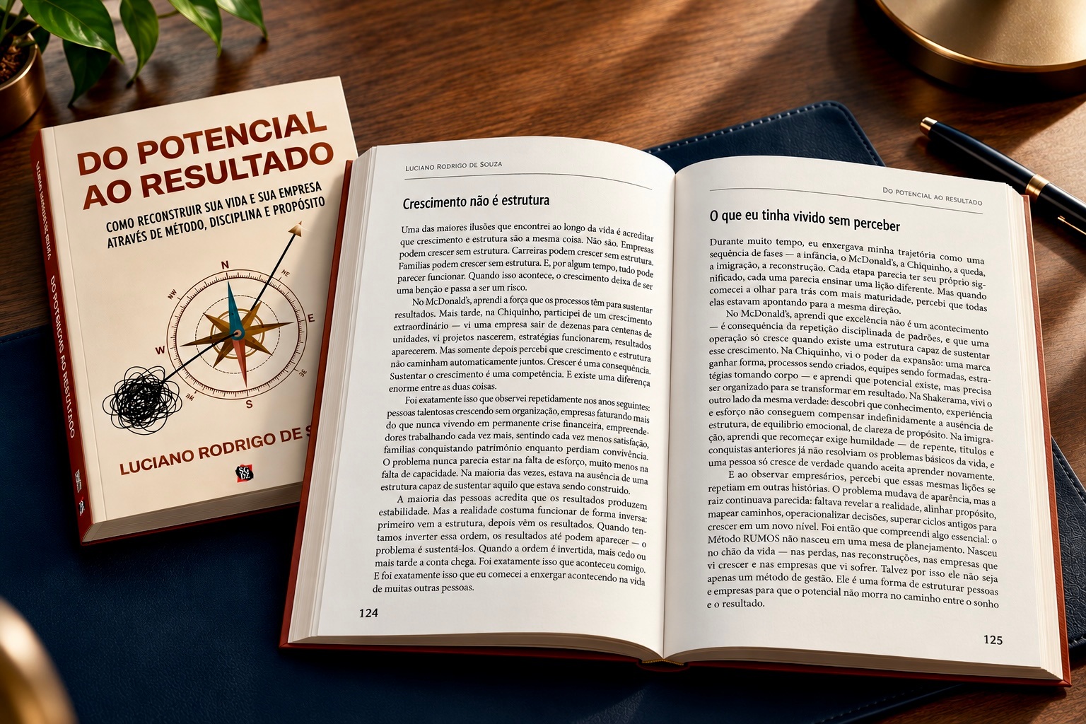 Representação editorial do livro Do Potencial ao Resultado aberto sobre uma mesa; o trecho integral está disponível no botão logo abaixo